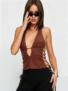 Womens Rivets Studded Halter Neck Plunge Cami Top Self-Tie Spaghetti Straps V-Neck Cut Out Front Crop Tank Top Camisole Vest Y2K Streetwear Party Tops - F217030-棕色 - 查看 2