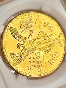 1921 墨西哥天使 50 比索金色紀念幣 1821-1921 浮雕工藝收藏品，居家創意裝飾、收藏幣、挑戰幣、派對活動聚會禮物、遊戲道具、裝飾品，銅合金材質，無盒裝 - 金色 - 查看 3