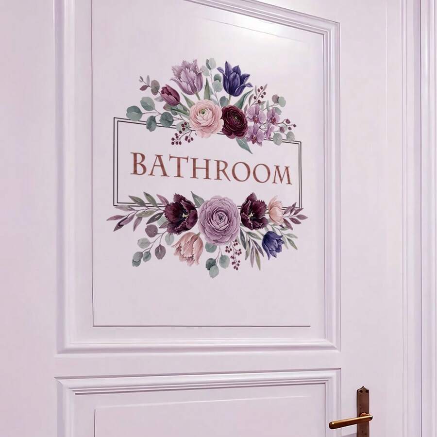 1pc Mori Style Watercolor Floral Bathroom Sticker, Purple Bouquet , Bathroom Door Sign Beautification Sticker - Multicolor - View 1