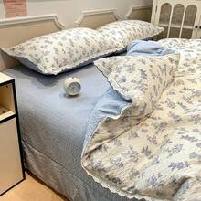 4-Piece Ruffled Duvet Cover Set, Soft And Comfortable Bedroom Bedding, Ruffled Design With Cute Floral And Cartoon Animal Patterns, Breathable And Soft All-Season Bedding Set, Includes 1 Duvet Cover, 1 Bed Sheet, 1 Or 2 Pillowcases, No Filling, Suitable For Bedroom, Dorm, Home Use, Multiple Size Options - Baby Blue - View 8