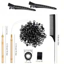 Kit de herramientas para extensiones de cabello, 100 piezas de cuentas de silicona, 2 ganchos de ganchillo, 2 pinzas de pico de pato, para accesorios de herramientas de peinado profesional - Ver 3