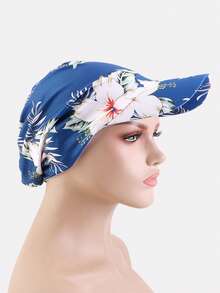 1pc Women's Spring/Summer Beach Hat, Headscarf, Visor Cap, Outdoor Travel Sun Hat, Suitable For Daily Use - Royal Blue and White Flowers - View 4