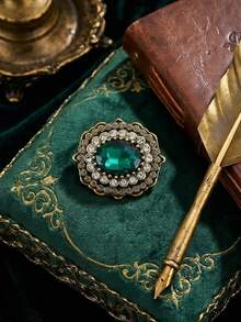 1pc Vintage Palace Style Rhinestone Alloy Brooch, Minimalist Fashion Accessory For Women Daily Outfit, Coat & Jacket Decoration - Green - View 11
