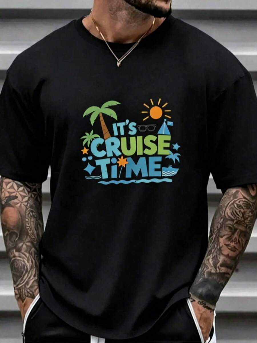 Men's Cruise Black T - Shirt, "It's Cruise Time" Vacation Graphic Print, Casual Round - Neck Short - Sleeve For Traveler & Daily Outings2025 - 黑色 - 查看 1