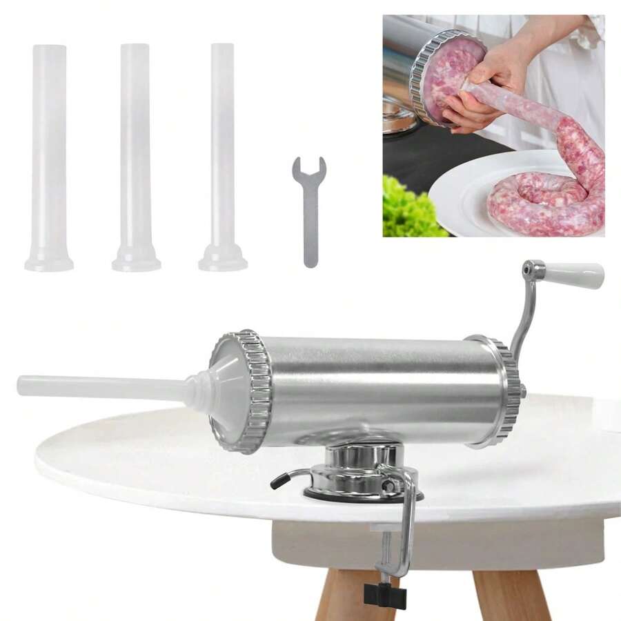 Edelstahl Wurstfüllmaschine Manuell Mit 2-Gang Getriebe, Wurstpresse & Spritze Für Selbstgemachte Würste, Ideal Für Hobbyfleischer & Hausgebrauch, Inkl. Füllrohre Für Vegane & Fleischwürste - Silber - Übersicht 1