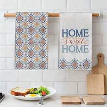 MEMNUN 2 Pcs Bohemian Watercolor Orange & Blue Pattern Geometric Home Sweet Home Text Print Kitchen Towels, Dish Towels, Hand Towels, Dish Cloths, Home Decor, Kitchen Decor Cooking Baking Hand Towels, Kitchen Accessories, Machine Washable, Cleaning Supplies, Suitable For Restaurant Kitchen, Home Decor And Gifts, All Seasons - Multicolor - View 6