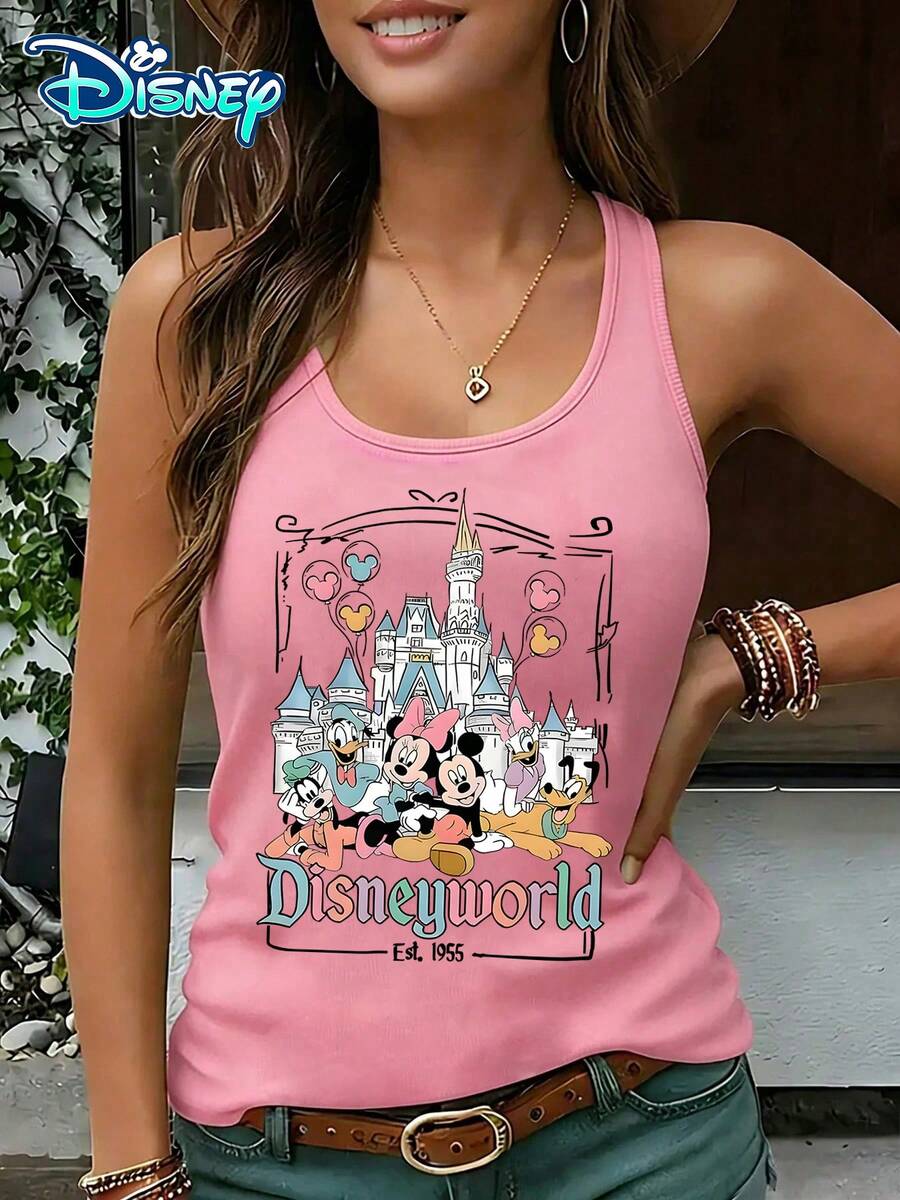 Disney Official Authorization | Women's Casual Round Neck Sleeveless Vest. Taking Disneyland As The Theme, Paired With Castles, Character Groups, And The Word "Disneyworld", It Is Dreamy And Full Of Childlike Fun. It Is An Atmospheric Item For Theme Park Travel And An Ideal Choice For Showcasing Fairy Tale Style. - 粉色 - 查看 1