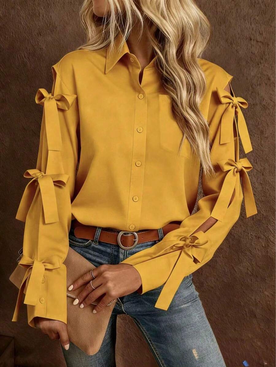Single-Breasted Long-Sleeved Shirt With Decorative Bow, Solid White For Spring - 芥末黃 - 查看 1