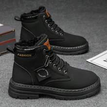STARNOVO 男士抓絨內裡雪地靴，繫帶設計，保暖PU皮革材質高筒款，防滑設計，適合寒冷天氣穿著，舒適休閒，戶外活動 - 黑 - 查看 3