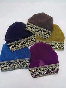 1件女款復古佩斯利花紋重工刺繡亮線頭巾帽，穆斯林優雅彈性髮套內帽，中東風格奢華金線刺繡透氣頭巾 - 查看 4