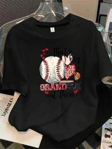 Camiseta de manga corta y cuello redondo para mujer con estampado de pelota y guante de béisbol, con el logotipo "Daxian", apta para todas las estaciones. - Negro - Ver 1