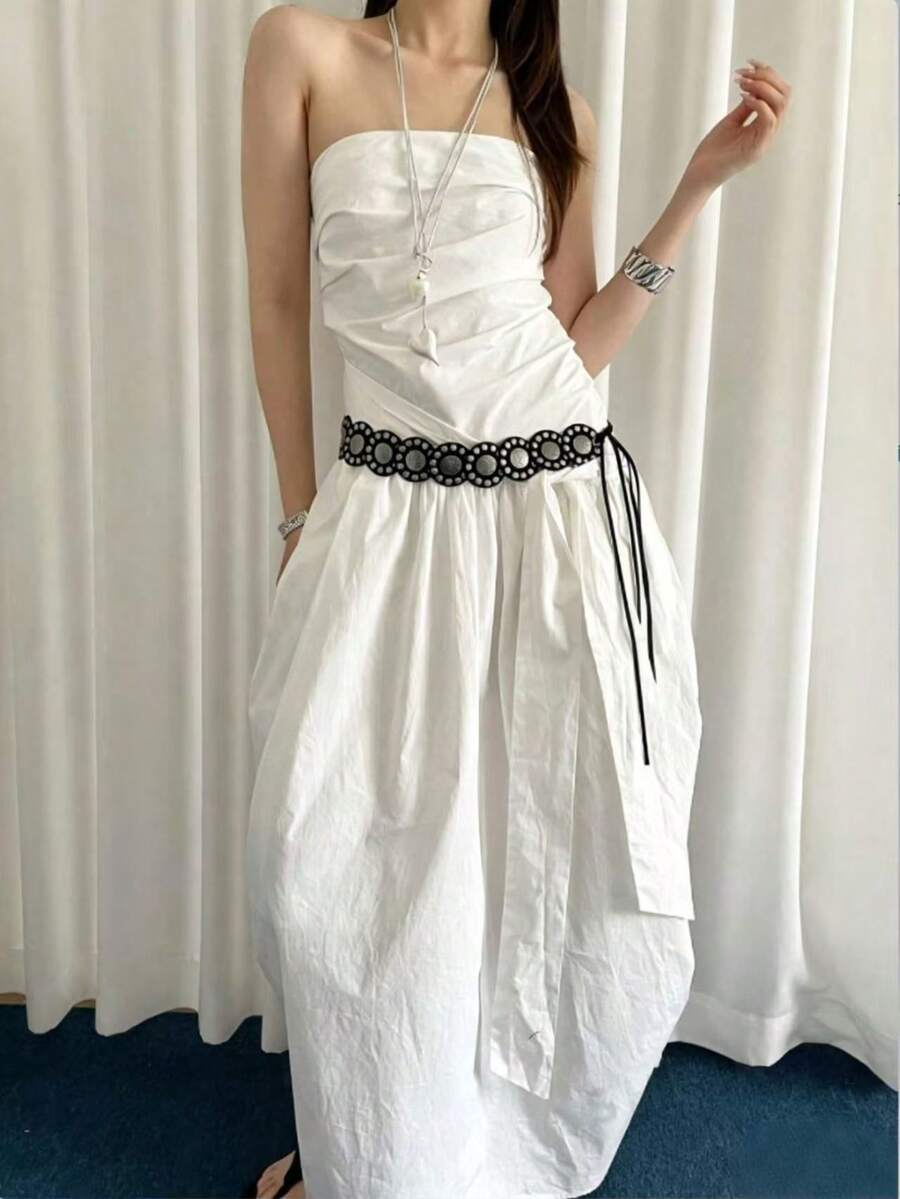 1pc PU Material Round Stud Eyelet Lace-Up Waist Belt - Black - View 1