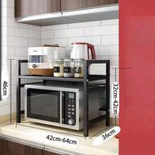 1pc Adjustable Heavy Duty Carbon Steel Kitchen Storage Rack And Microwave Oven Stand, Suitable For PC. Space-Saving Carbon Steel Structure. Kitchen, Pantry. Home Chef Assistant. Rust-Proof Material. Apartment Living. - Multicolor - View 2