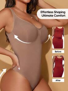 Dam enfärgad magkontroll midja bantningsbody, lämplig för lager-på-lager och shapewear sommar elegant - Beige - Visa 6