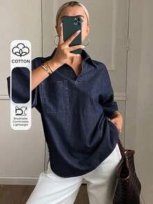 Blusa de mezclilla casual y suelta de color natural para mujer, nueva llegada para otoño y verano - Azul lavado oscuro - Ver 1