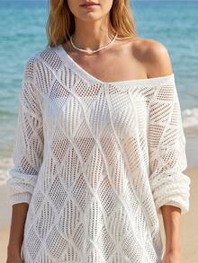 Women's V-Neck Hollow Rhombus Design Loose Knit Cover Up, Airy And Breathable For Beach/Resort Wear, Spring/Summer Vacation White - White - View 6