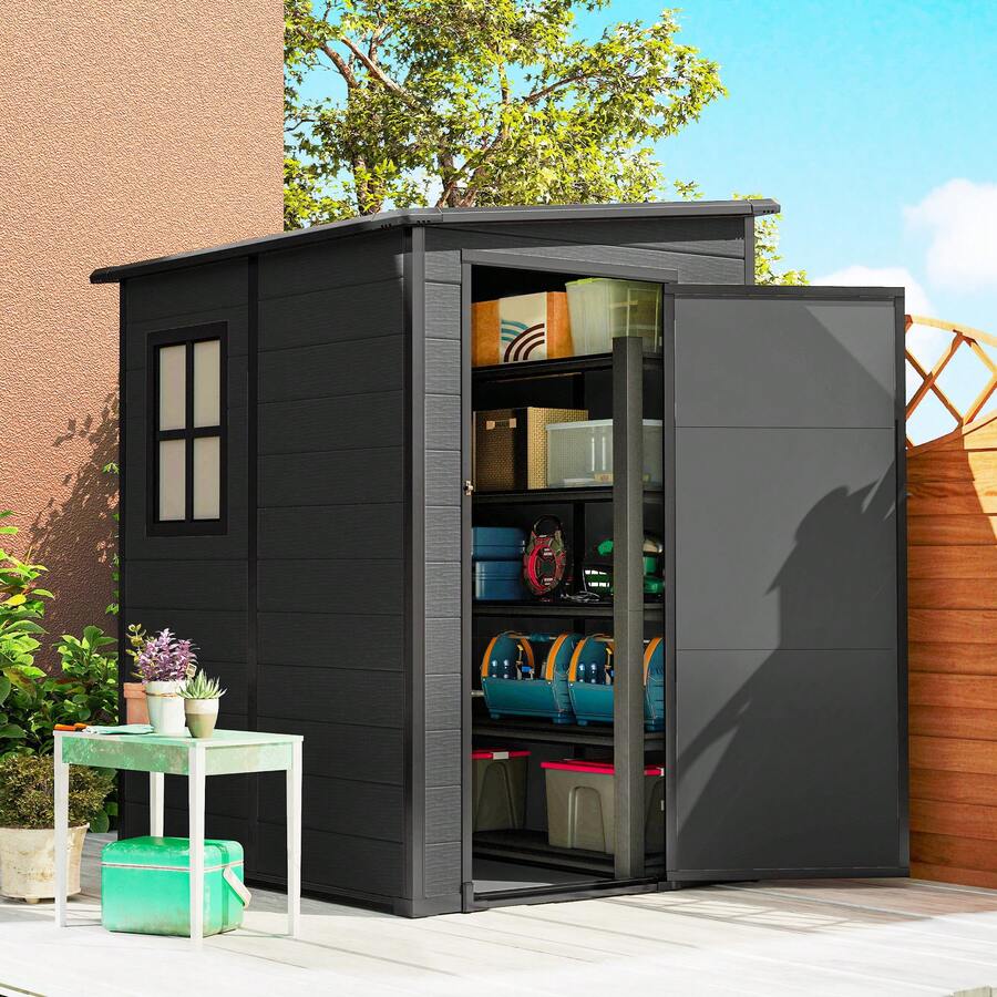 Outsunny 4 X 5FT Lean To Outdoor Storage Shed With Floor, Plastic Garden Tool Storage House Organizer With Window, Vent And Plastic Roof For Backyard, Patio, Lawn, Dark Grey - 深灰色 - 查看 1