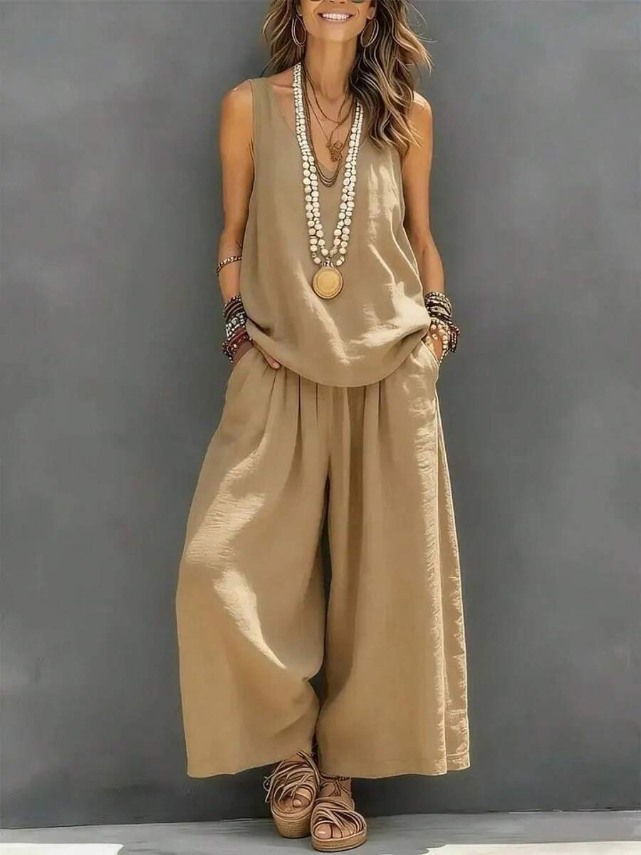 2026 New Women's Cotton-Linen Solid Color V-Neck Vest And Trousers Two-Piece Set - Khaki - View 1