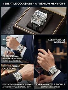 1pc Men's Square Roman Numeral Hollow Mechanical Watch, Retro Leather Strap, Fashion Wristwatch - Mouldless - View 6