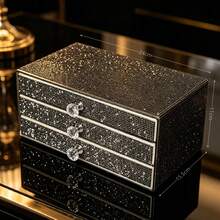 1 pieza Joyero con 3 cajones con diamantes de imitación, caja de almacenamiento de joyas de gran capacidad y multifunción, caja de almacenamiento lujosa y brillante, organización de joyas, joyero decorativo, joya, regalo, distribución, caja, caja de almacenamiento de accesorios, regalo para mujeres (negro) - Negro - Ver 13
