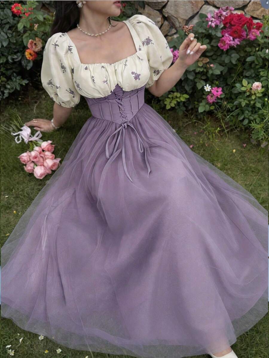 Vestido largo elegante de mujer con bloque de color, estampado floral y empalme de malla - Lila Púrpura - Ver 1