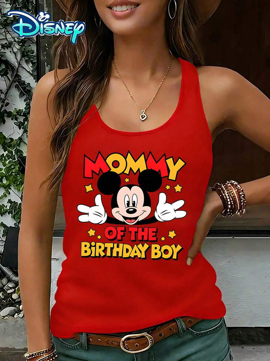 Disney Official Authorization | Women's Casual Round Neck Sleeveless Vest. Featuring Mickey Mouse, Paired With The Slogan "MOMMY OF THE BIRTHDAY BOY", It Is Full Of Childlike Fun And Commemorative Significance. It Is An Atmospheric Item For Birthday Parties And An Ideal Choice For Creating A Parent-Child Commemorative Look. - Đỏ - Xem 1