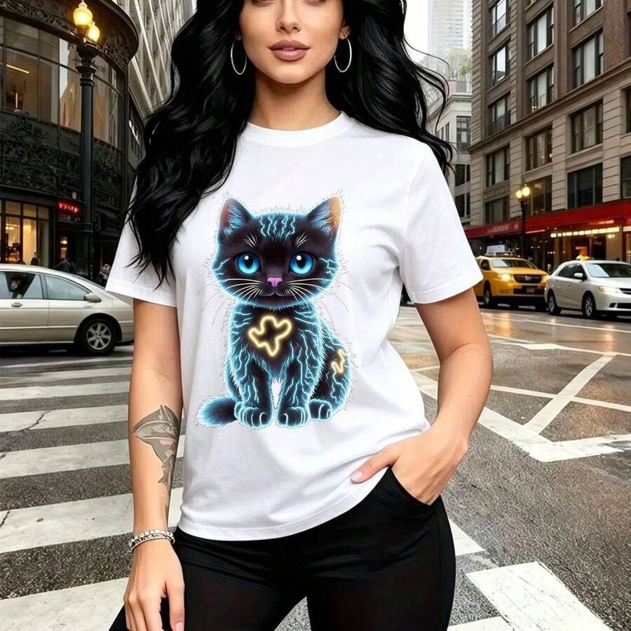 Camiseta de mujer con estampado de gatito negro de ojos azules brillantes y cruz amarilla - camiseta casual de manga corta, ajuste cómodo y moderno, estilo urbano nocturno - ideal para paseos por la ciudad, salidas con amigas y regalo perfecto para m - Blanco - Ver 1
