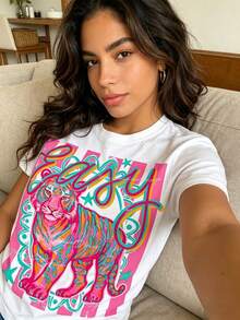 Summer Dachshund Print T-Shirt - Short-Sleeve Crew Neck Casual Top, Lightweight And Breathable, Ideal For Spring And Summer Wear | Vibrant-Colored Tee - 白色 - 查看 3