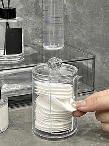 Acrylic Storage Box With Bamboo Lid/Transparent Lid - Transparent Cotton Swab, Cotton Ball And Dental Floss Holder For Bathroom Storage - Multi-Functional Storage Box For Vanity Essentials - A - View 9
