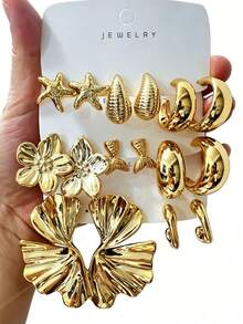 4/16PCS Fashionable Elegant Small C-Hoop Geometric Multi- Gold Metallic Earring Set, Women's Fashion Earring Set, Daily Wear, (Lightweight CCB Material, Non-Fading/No Ear-Pulling Sensation) - Gold - View 8