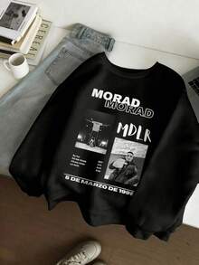Vintage Oversized Spanish Rapper Sweatshirt, Plush Dropped Shoulders, Y2K Hip Hop Streetwear Fan Gift Top - 黑色 - 查看 1