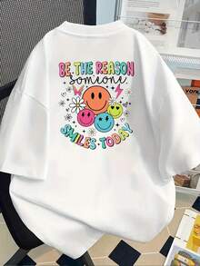 El poder de las sonrisas, camiseta con estampado de energía positiva, manga corta, cuello redondo, top casual para verano y primavera, ropa de mujer - Blanco - Ver 3