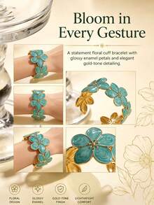 VceTd 1pc Elegant & Romantic Enamel Decorated Multicolor Plumeria Shaped Stainless Steel Bracelet, Suitable For Women's Daily Life, Holidays, Parties, Afternoon Tea, Dinner, Gift For Lover Or Lady - Yellow Gold - View 4