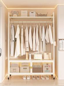 Super life Perchero de ropa con una rueda para colgar ropa, perchero de doble barra con almacenamiento de malla densa, marco de acero, blanco, perchero de verano, esencial para regreso a clases/viajes, decoración de habitación, decoración del hogar, decoración de dormitorio. - Multicolor - Ver 6