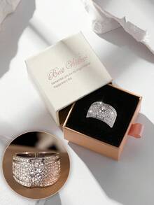 Gift Box Silver Wide Band Ring, Round Cubic Zirconia Center Stone With Pave Round Diamond Accents, Luxury Statement Ring For Women - Silver - View 14