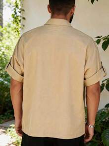 GOLDREDY 男士夏季短袖鈕扣式可調式口袋寬鬆開襟繫帶和服外套襯衫開襟衫 亞洲傳統服飾 - 杏色 - 查看 2