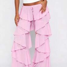 Women's White Tiered Ruffle Chiffon Beach Cover Up Pants - Pink - View 2