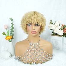 Blonde Perücke, lockige Perücke, 100% Echthaarperücke, 4 Zoll flauschiger Kurzhaarschnitt Pixie-Schnitt Perücke ohne Klebstoff mit Pony, Rosennetz-Hut zum Anziehen und Gehen, geeignet für Alltag und besondere Anlässe - S27 - Übersicht 3