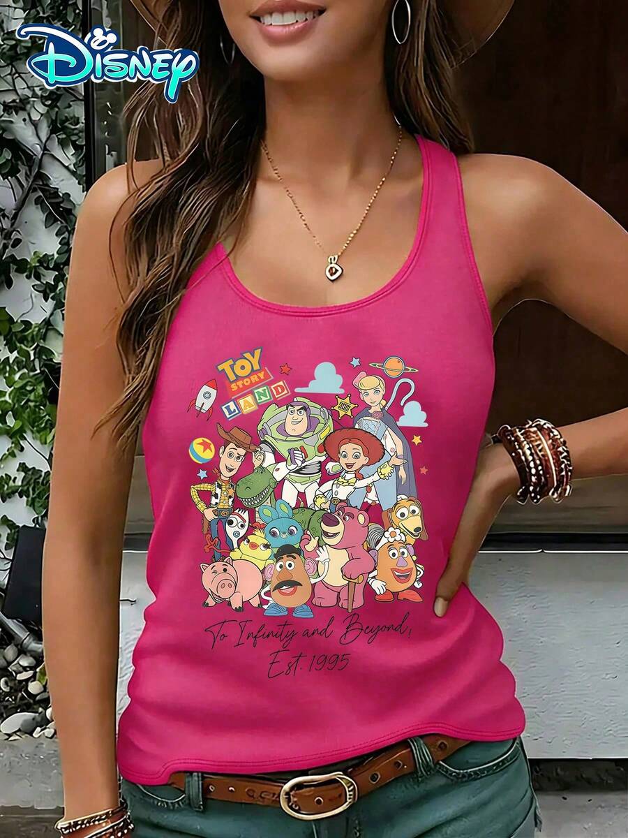 Disney Official Authorization | Women's Casual Round Neck Sleeveless Vest. With Toy Story As The Theme, It Is Full Of Vitality And Childlike Interest With The Characters And The Words "Toy Story Land". It Is A Fun Item For Theme Park Dressing And An Ideal Choice For Fans To Collect. - Màu Hồng Tươi - Xem 1