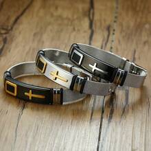 1 pieza Pulsera de acero inoxidable con baño de oro de 18K con diseño de cruz, ajustable, regalo para hombres - Negro - Ver 8
