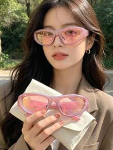 1 Piece Women's Oval Eyewear, Pink Frame With Tinted Lenses, Y2K-Inspired Style, Versatile Statement Accessory For Summer Beach, Vacation, Camping, Graduation, Travel And Daily Wear, Ideal For Street Style, Casual Outings And All-Season Use, Great Gift For Her - Gọng kính màu hồng tím, tròng kính màu hồng - Xem 1