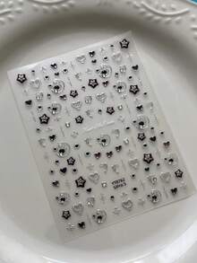 1 Sheet Metallic Line Moon & Star Nail Stickers, Black Silver Heart Pattern Nail Decals, Versatile Nail Art - Multicolor - View 1