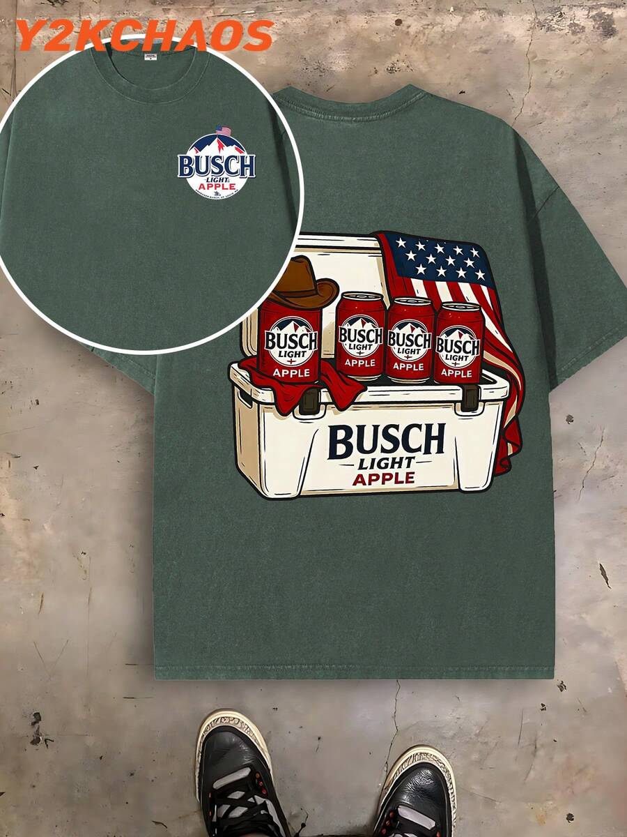 Casual Streetwear Style American Beer Lover Graphic Print Men's T-Shirt With Busch Light Apple Cans And Flag Design For Outdoor Events And Casual Wear Y2KCHAOS Vintage Style 250 Washed Cotton T-Shirt Men's T-Shirt - 綠色 - 查看 1