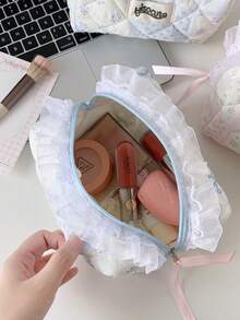 1 Buah Tas Kosmetik Berbahan Renda dengan Hiasan Pita, Tas Penyimpanan Kapasitas Besar, Tas Kosmetik Penyimpanan Mewah dengan Pinggiran Renda - MultiWarna - View 4