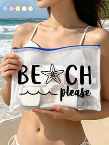 防水時尚海灘包，印有「Beach Please」海星圖案，大容量，透明設計，尼龍拉鍊，輕巧耐用，適合春夏季收納，適用於游泳、海灘、潛水、夏季度假、開學季。輕便防曬收納袋，送給朋友、家人、閨蜜、同學的完美禮物 - 彩色 - 查看 6