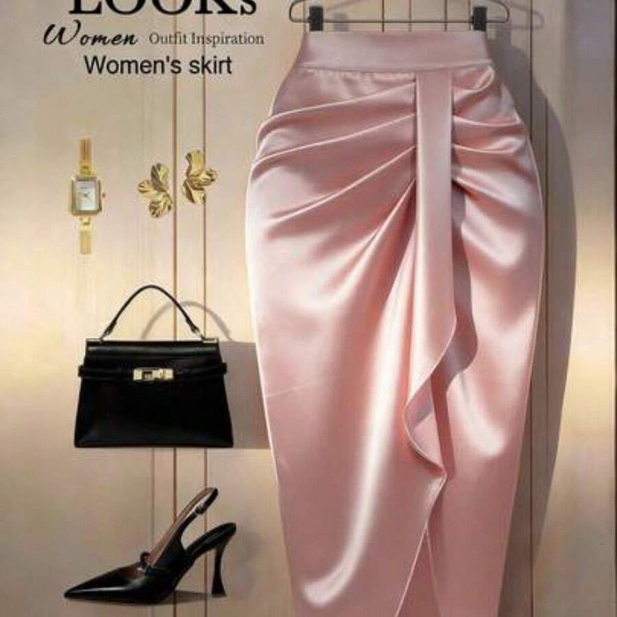 Falda fruncida de unicolor elegante para uso diario de mujer - Rosa - Ver 1