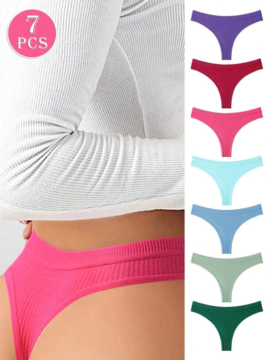7pcs Solid Color Ribbed Cotton Sexy Bikini Thong Panties, Comfortable Minimalist Seamless Elastic Women's Underwear