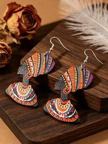 1 Pair Painted Portrait Wooden Earrings, Exotic Ear Jewelry - Multicolor - View 4