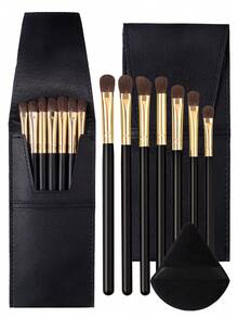 9PCS Eyeshadow Brush Set With PU Pouch&Powder Puff,Black Wooden Handles Horsehair Brush Head,Professional Eye Makeup Kit - Multicolor - View 2