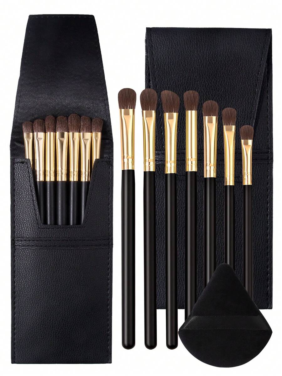 9PCS Eyeshadow Brush Set With PU Pouch&Powder Puff,Black Wooden Handles Horsehair Brush Head,Professional Eye Makeup Kit